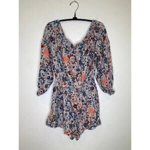 Free People Boho Off the Shoulder Floral Shorts Romper EUC Sz Lg Stretchy Crepe